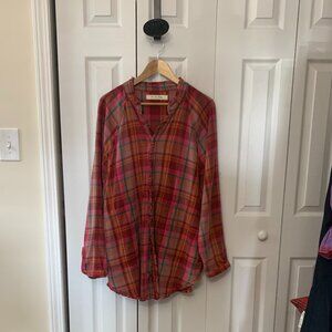 FREE PEOPLE SUMMER DAYDREAM PLAID BRUSHED BUTTON DOWN TUNIC SHIRT SZ LARGE